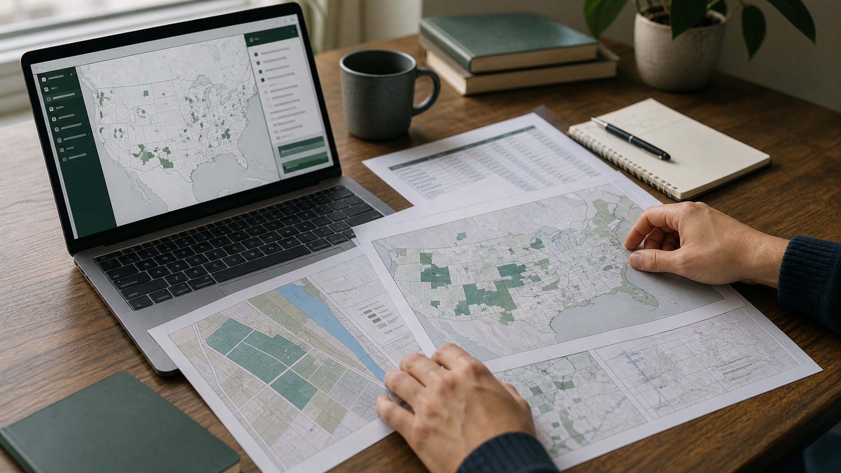 Research desk with map layers, spreadsheet context, and source documents for Opportunity Zone map review